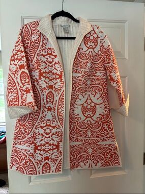 Women's Patty Kim Orange (coral) and White Patterned quilted Open jacket